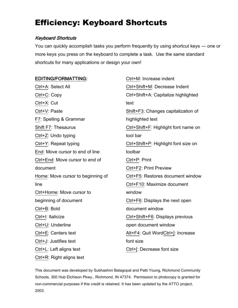 Efficiency Keyboard Shortcuts