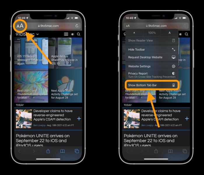 How to move Safari Address Bar to top of screen in iOS 15