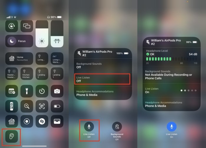 Activate Live Listen for AirPods inside Control Center